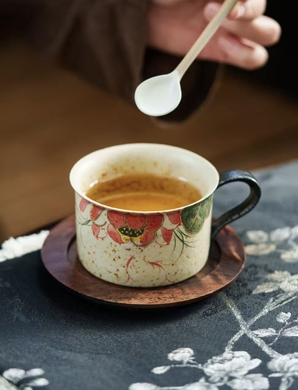 Firestone Red Hand-Painted Koi & Lotus Ceramic Coffee/Tea Cup