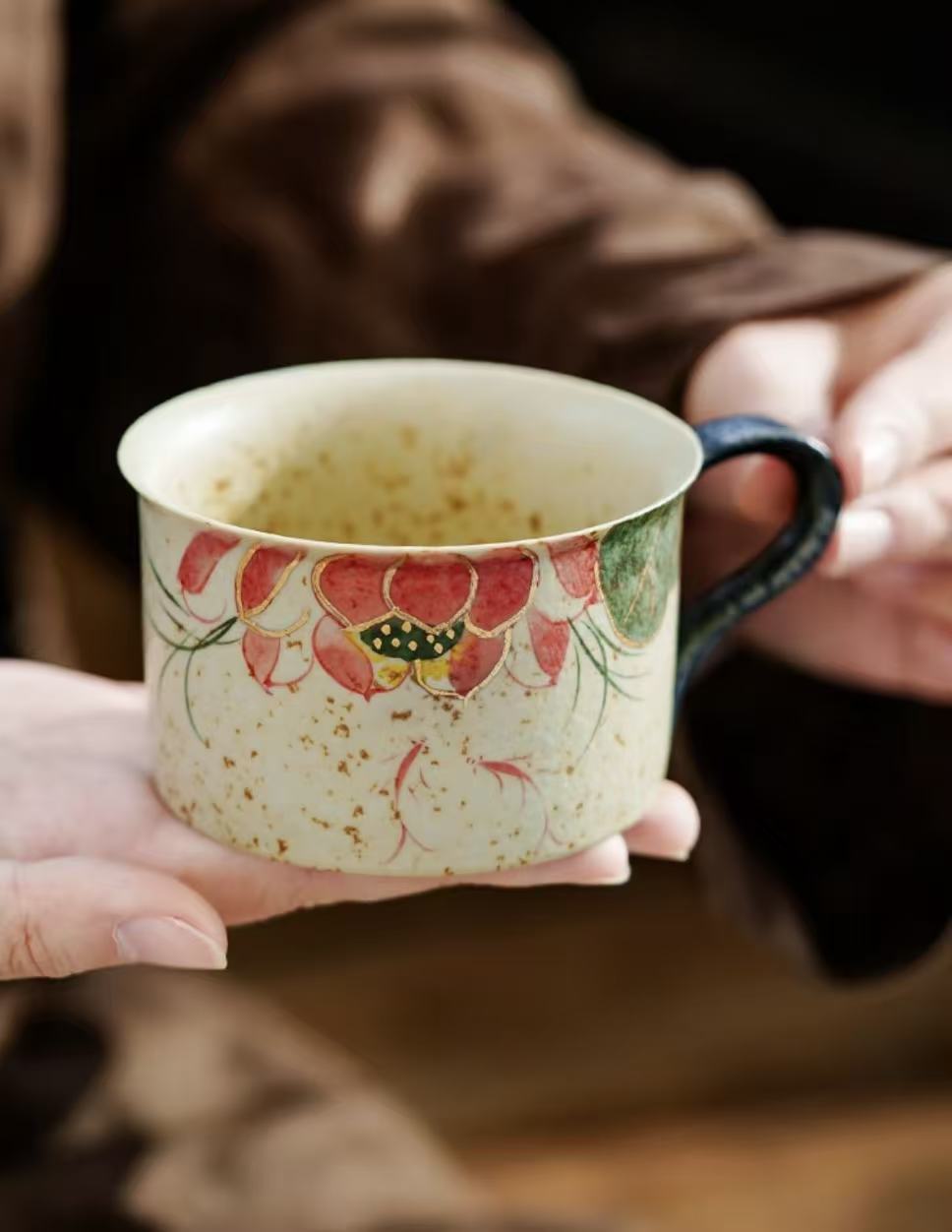 Firestone Red Hand-Painted Koi & Lotus Ceramic Coffee/Tea Cup