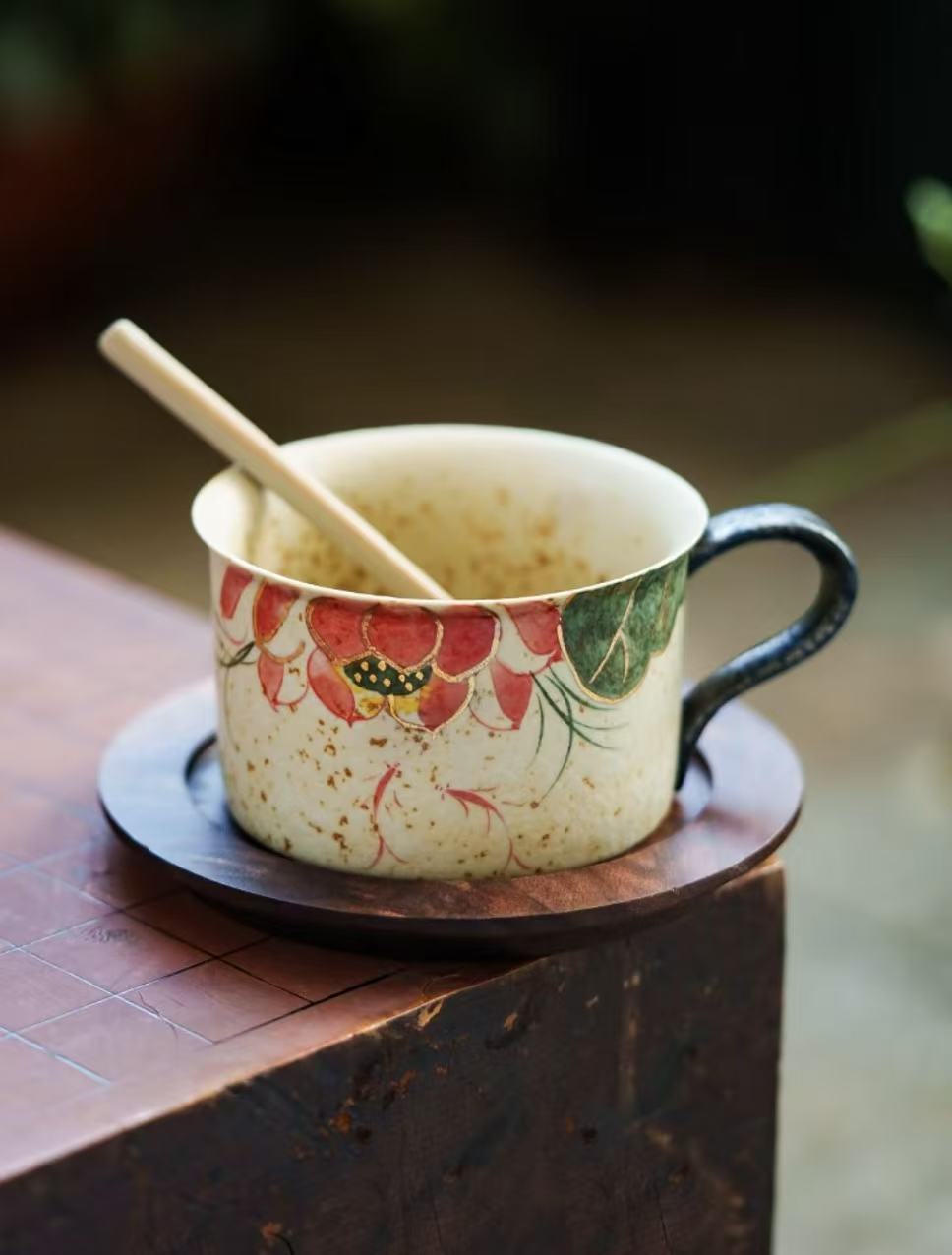 Firestone Red Hand-Painted Koi & Lotus Ceramic Coffee/Tea Cup