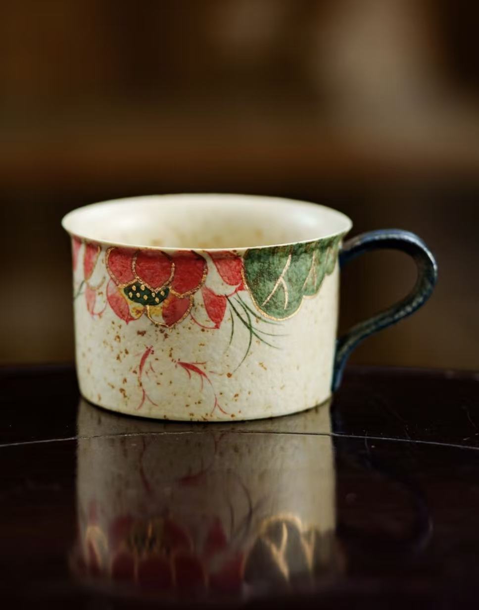 Firestone Red Hand-Painted Koi & Lotus Ceramic Coffee/Tea Cup