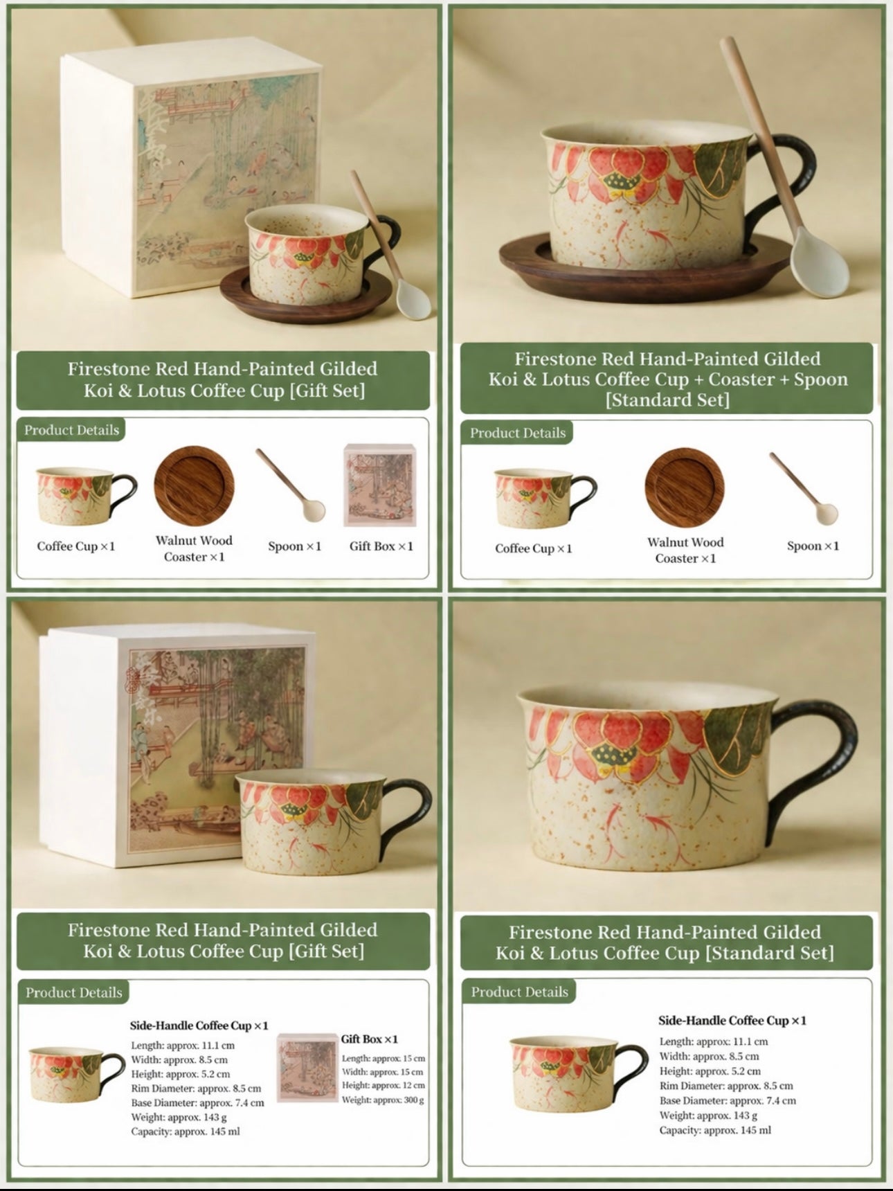 Firestone Red Hand-Painted Koi & Lotus Ceramic Coffee/Tea Cup