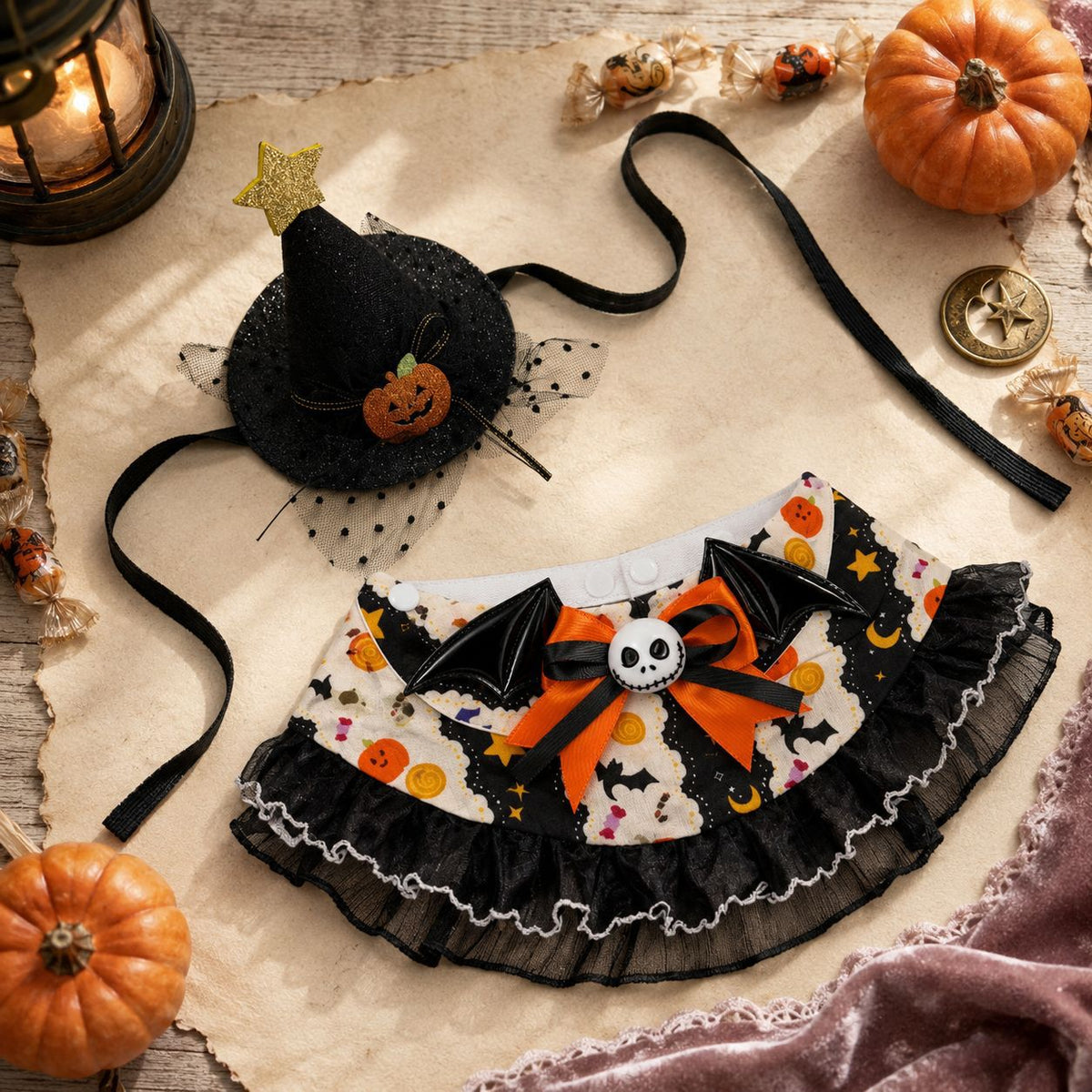 Cute Halloween Witch Dog Costume, Bib and Hat Set